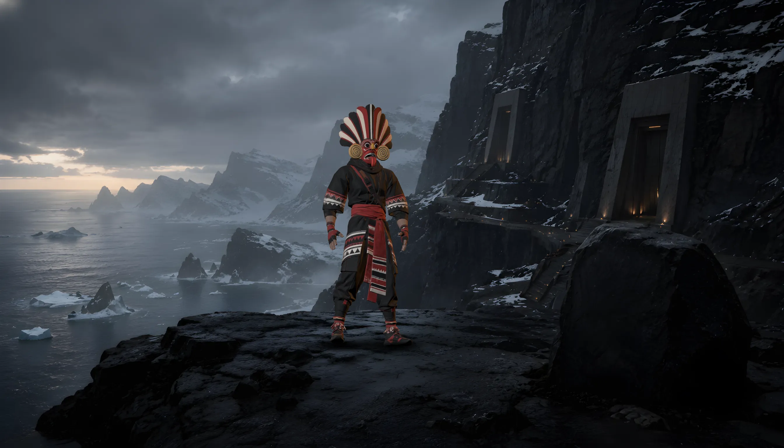 Snow-covered sea cliffs at dusk, floating ice below, a standing stone and lit doorways cut into the rock